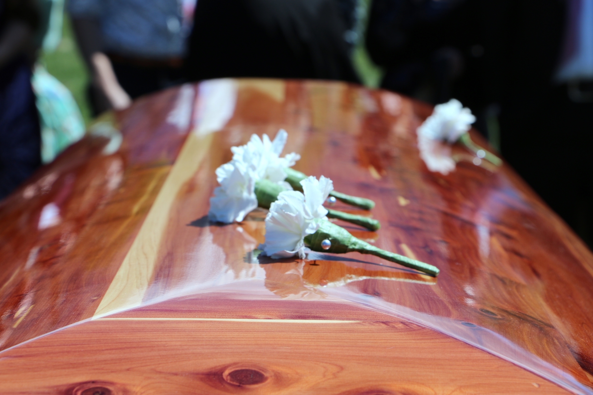 Pallbearers White Carnation Boutonnières Laid Atop Cedar Casket - Stuhr
